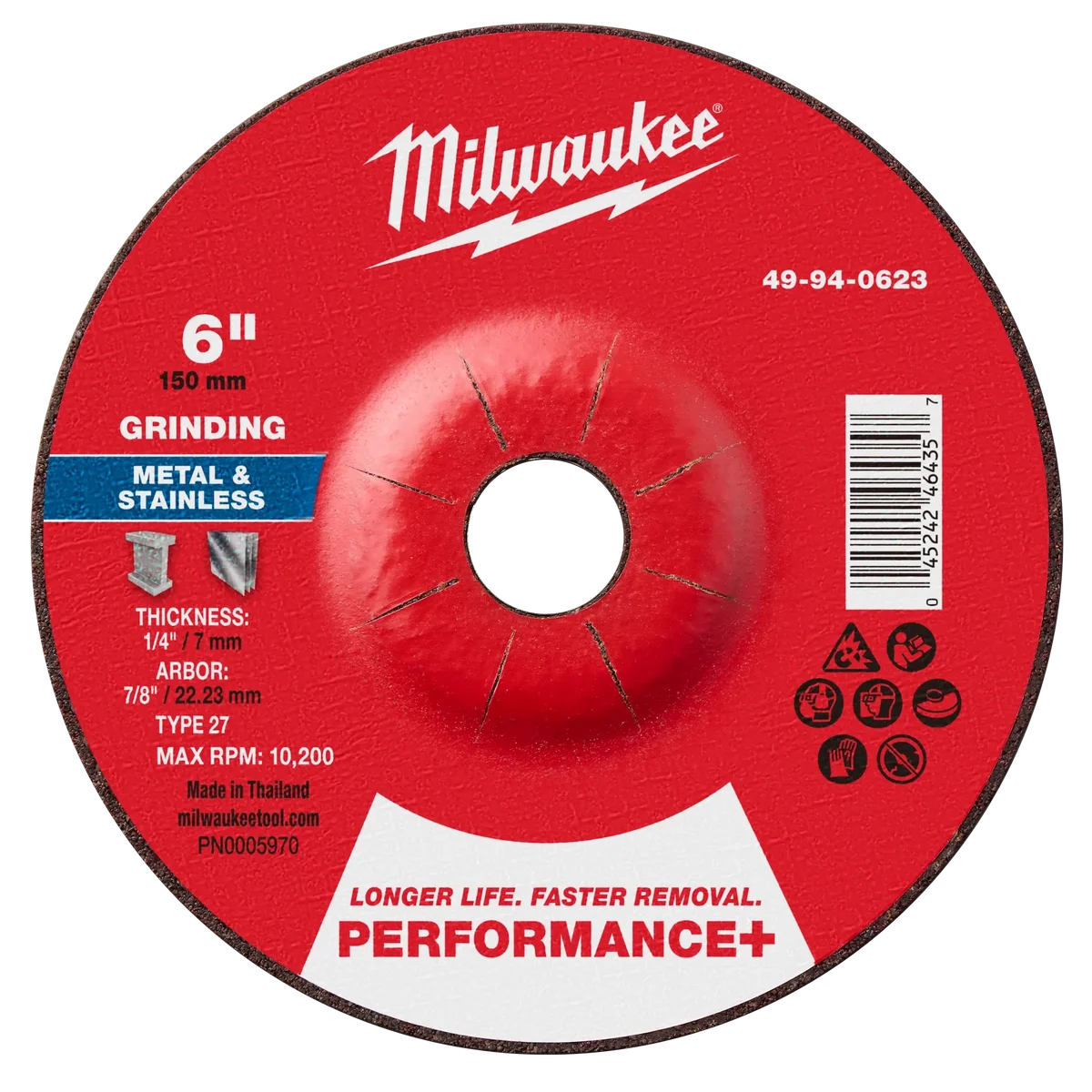 6" x 1/4" x 7/8" Performance+ Metal Grinding Wheel - Type 27