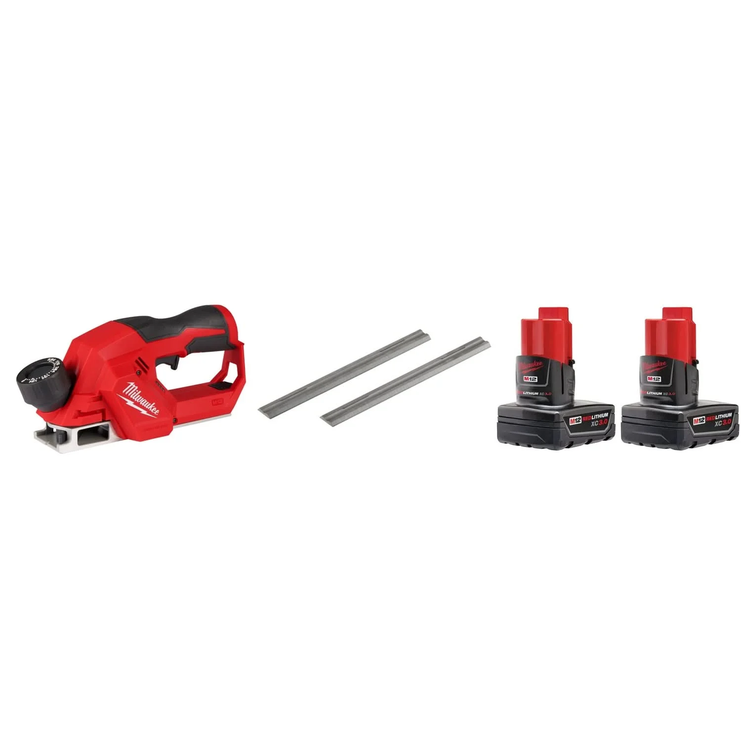 Milwaukee M12 Brushless 2-inch Planer, 2" Planer Blades (2-Pack), and M12 XC 3.0Ah Battery (2-Pack)