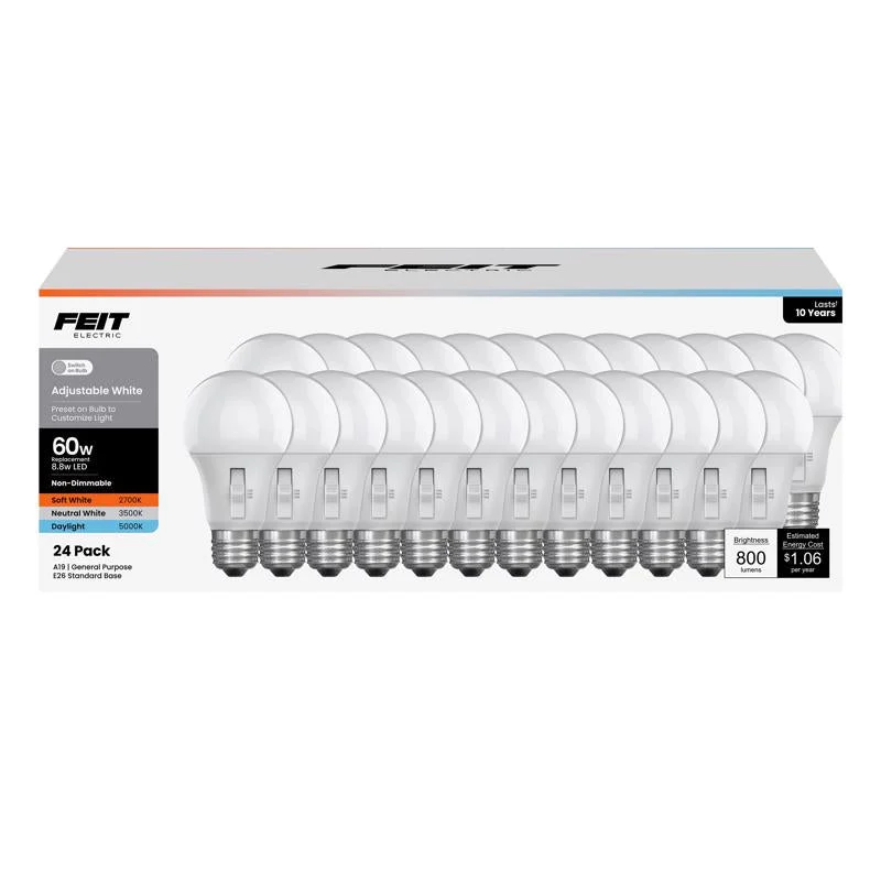 Feit A19 E26 (Medium) LED Bulb Adjustable White 60 Watt Equivalence 24 pk, Pack of 2