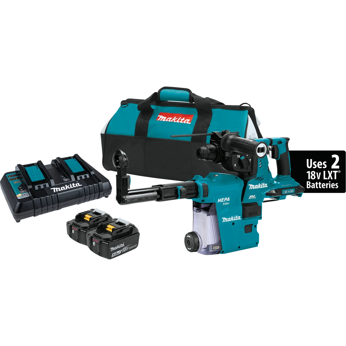 36V (18V X2) LXT® Brushless 1‑1/8" SDS‑PLUS AVT® Rotary Hammer Kit, w/ HEPA Dust Extractor (5.0Ah)