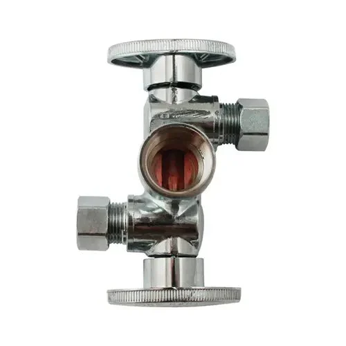 Plumb Pak Dual Shut-Off Valve, 1/2 x 3/8 x 3/8 in Connection, FIP x Compression, 250 psi Pressure, Brass Body