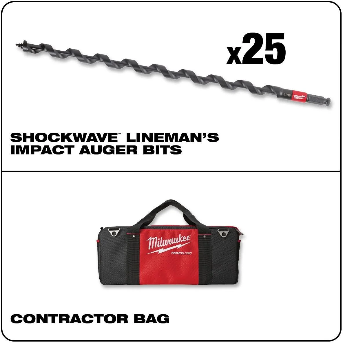 Milwaukee 48-13-6795 11/16-Inch X 18-Inch Shockwave Lineman's Impact Auger Bit, 25-Pack