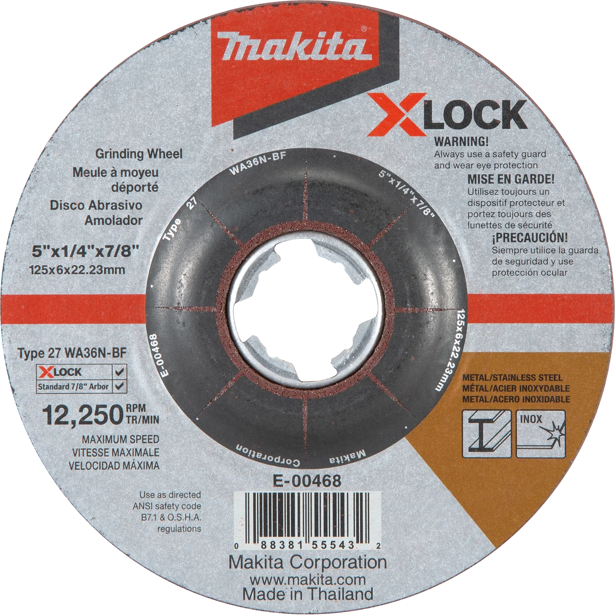 X‑LOCK 5" x 1/4" x 7/8" Type 27 General Purpose 36 Grit Abrasive Grinding Wheel for Metal & Stainless Steel Grinding