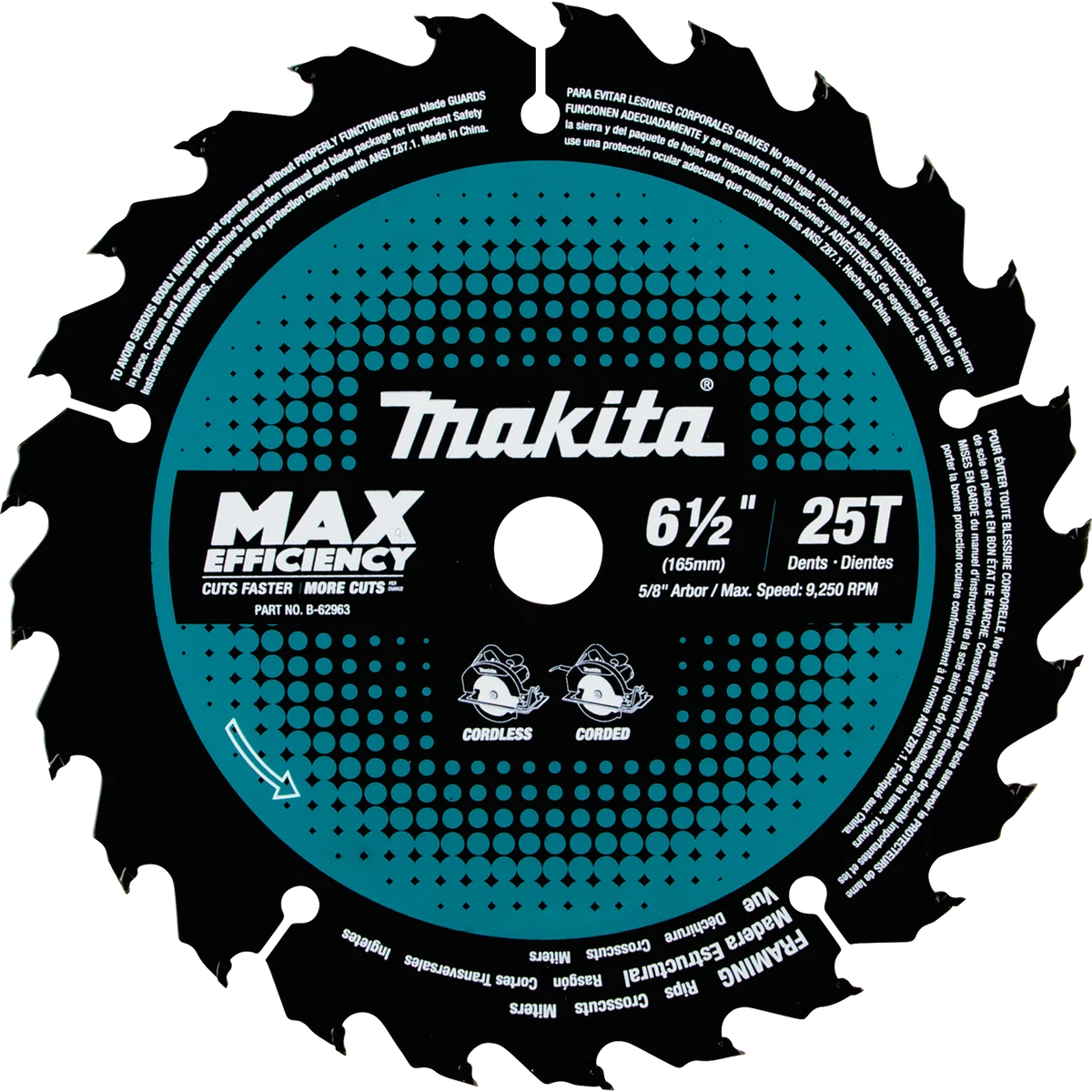 6‑1/2" 25T Carbide‑Tipped Max Efficiency Circular Saw Blade, Framing