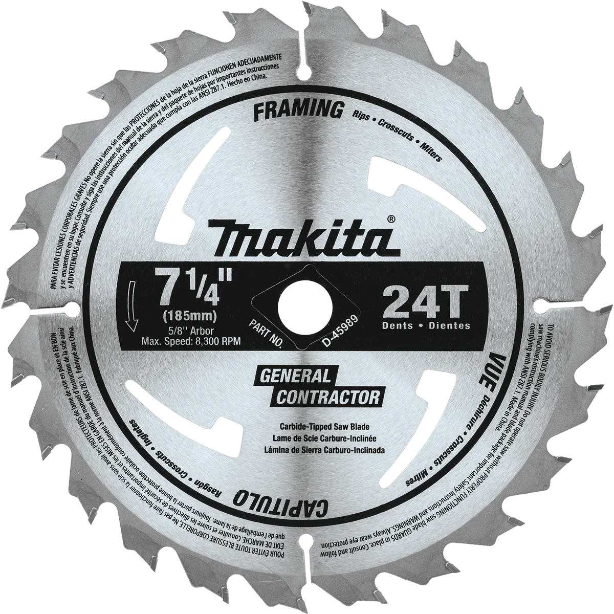 7‑1/4" 24T Carbide‑Tipped Circular Saw Blade, Framing/General Purpose