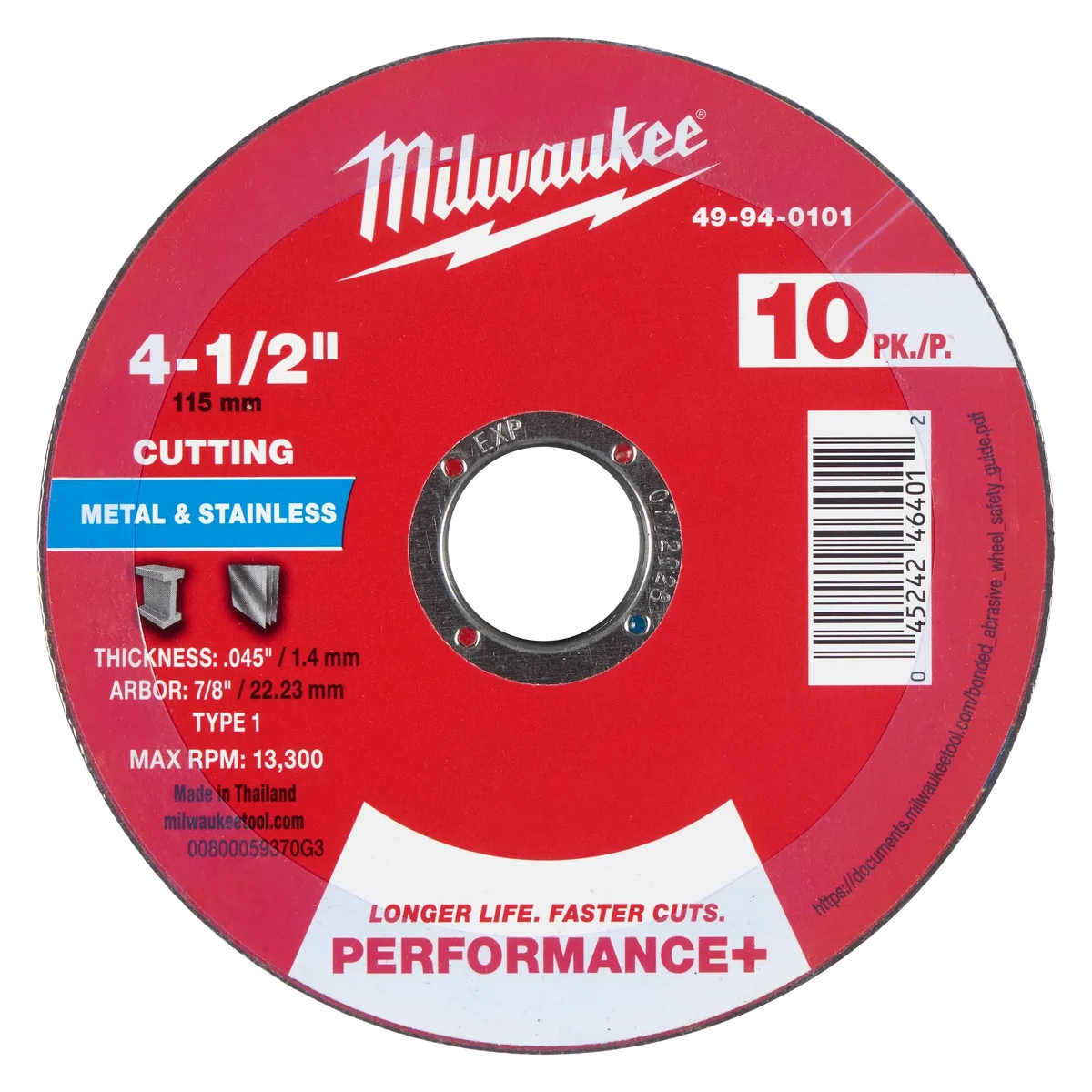 4-1/2" x .045" x 7/8" Performance+ Metal Cut Off Wheel - Type 1 - 10pk