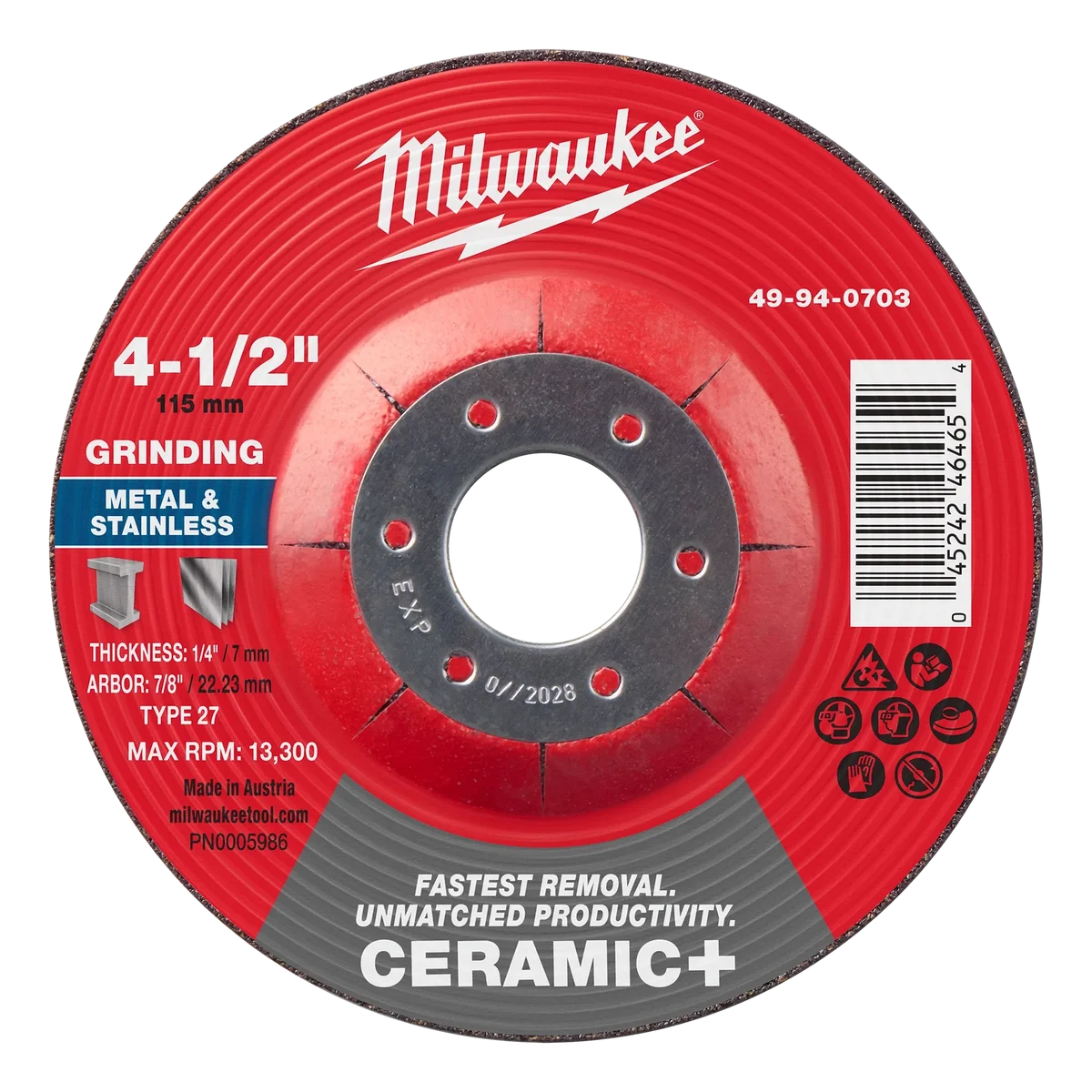 4-1/2" x 1/4" x 7/8" Ceramic+ Metal Grinding Wheel - Type 27