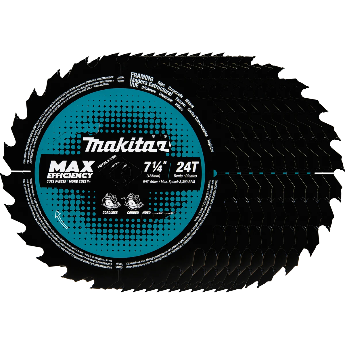 MAKITA 7‑1/4" 24T Carbide‑Tipped Max Efficiency Circular Saw Blade, Framing (10 PACK)