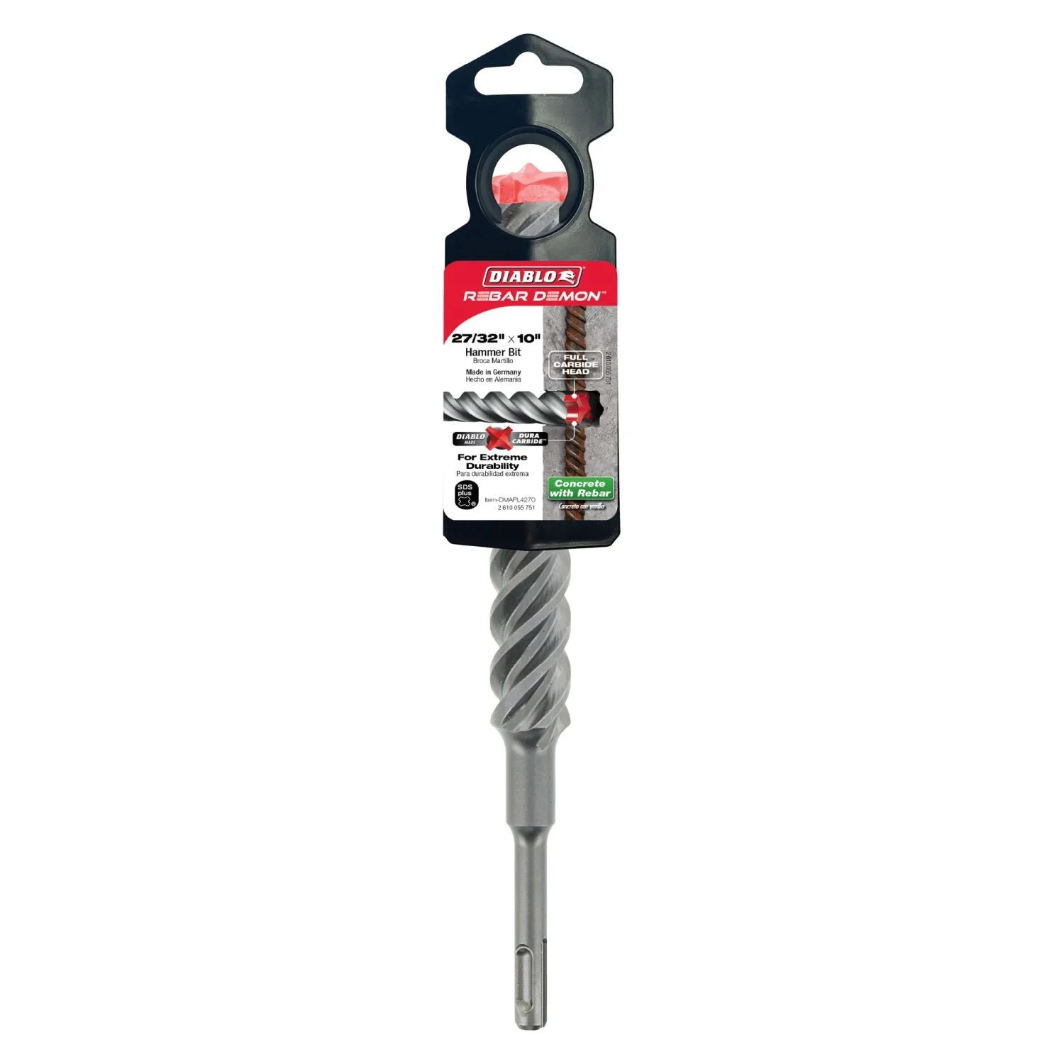 Diablo DMAPL4270 27/32 Inch x 8 Inch x 10 Inch Rebar Demon SDS-Plus 4-Cutter Full Carbide Head Hammer Drill Bit