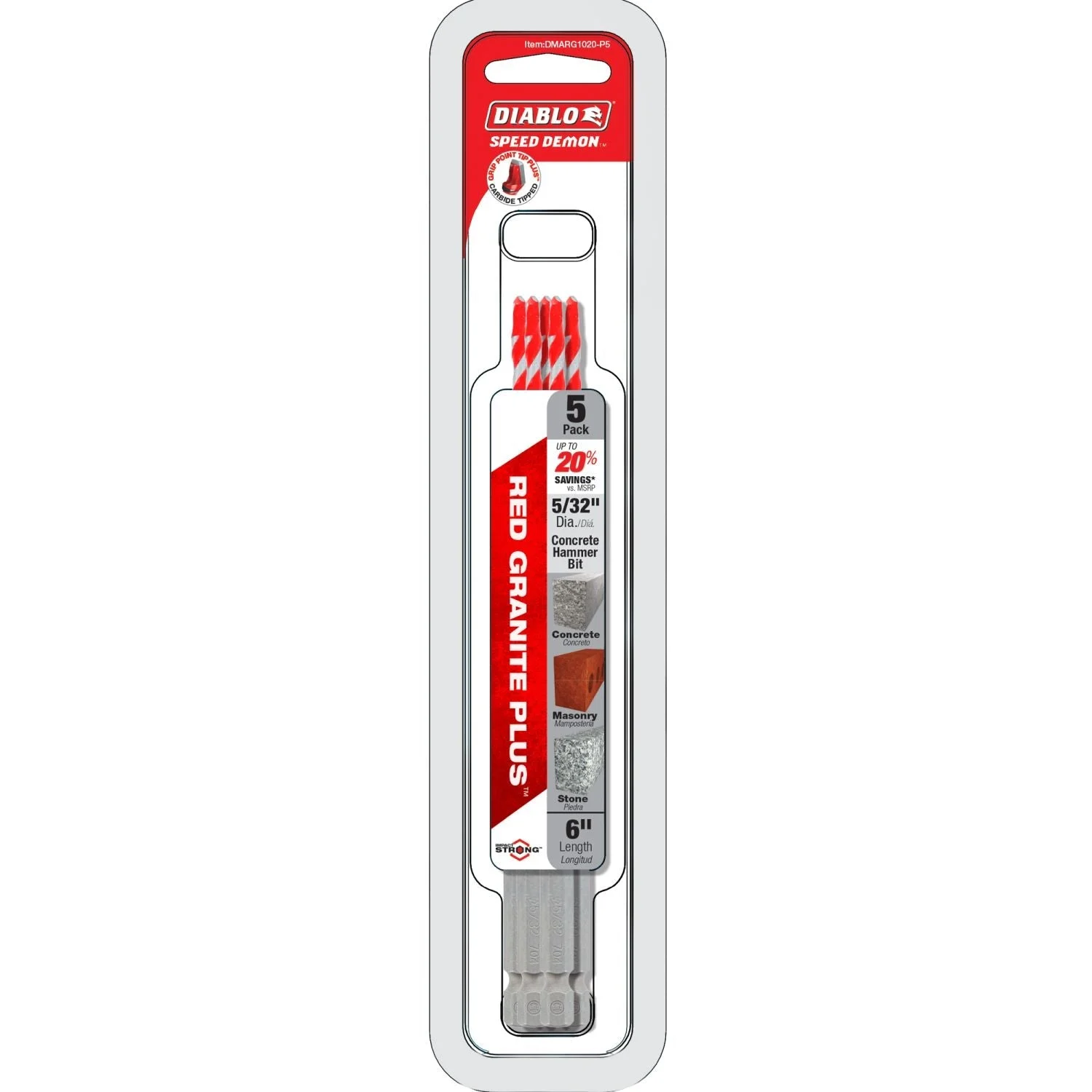 Diablo DMARG1020-P5 5/32 Inch x 3 Inch x 6 Inch SPEEDemon Red Granite Carbide Tipped Hammer Drill Bit , 5-Pack