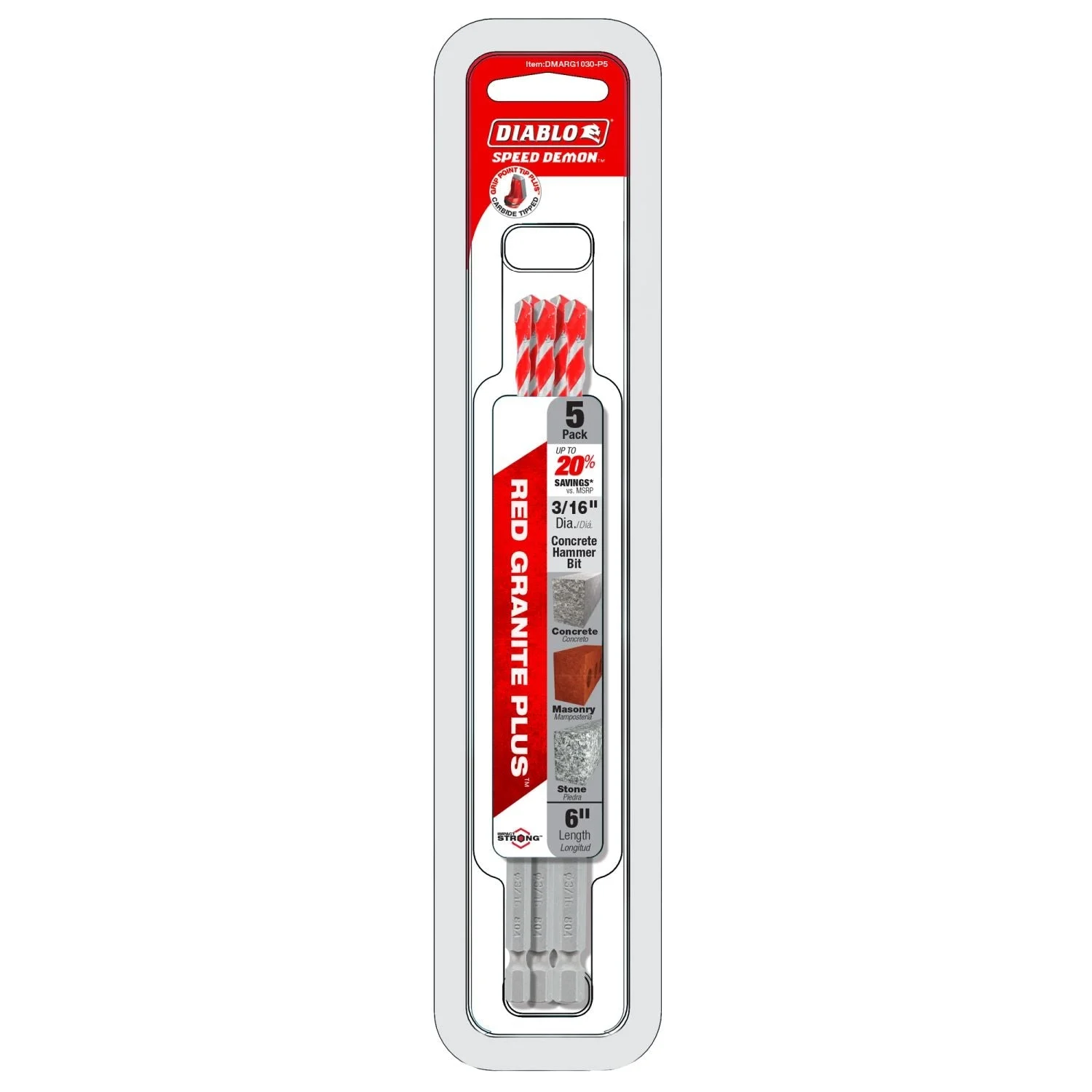Diablo DMARG1030-P5 3/16 Inch x 4 Inch x 6 Inch SPEEDemon Red Granite Carbide Tipped Hammer Drill Bit , 5-Pack