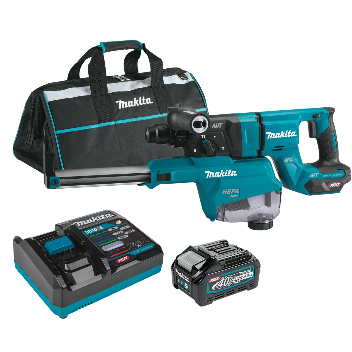MAKITA 40V MAX XGT® 1‑1/8" SDS‑PLUS AVT® Rotary Hammer (D‑Handle) w/ Dust Extractor Kit