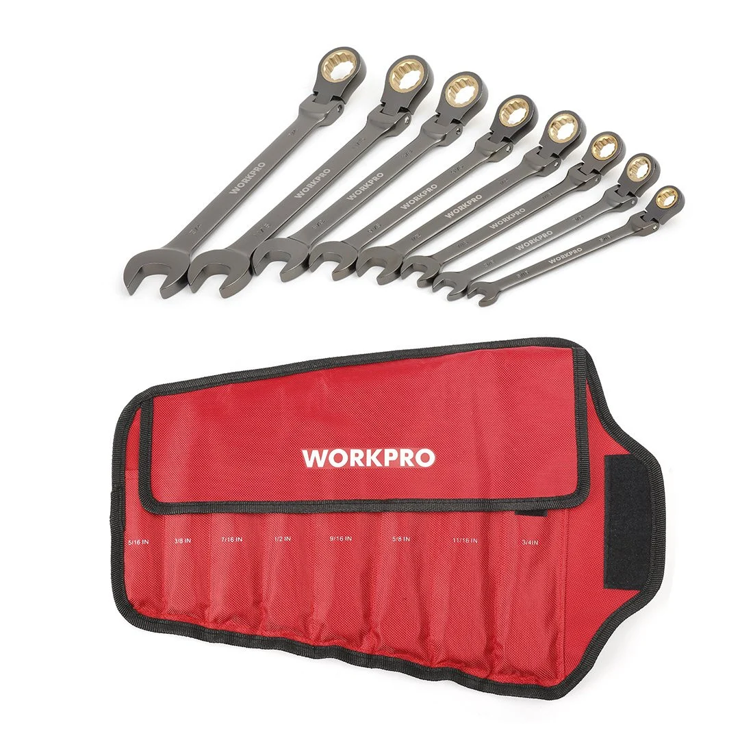 8-piece Flex-Head Ratcheting Combination Wrench Set Cr-V Nickel Finish