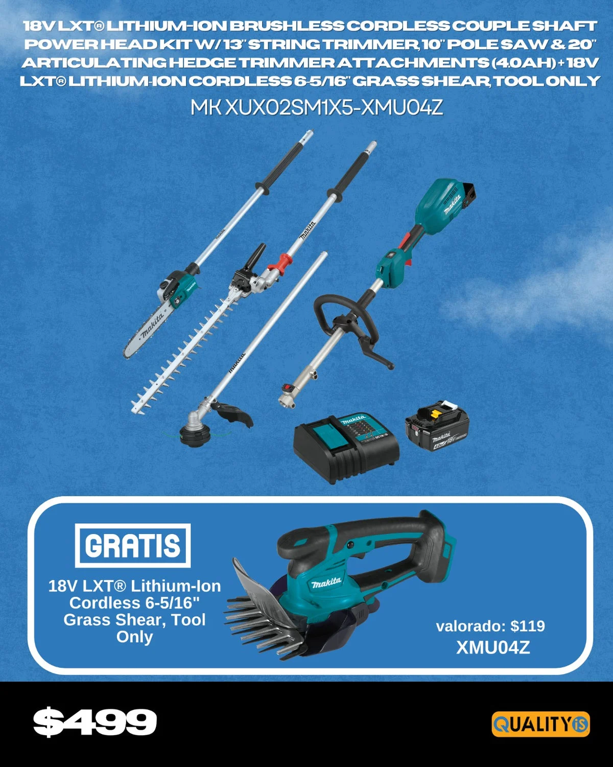 18V LXT® Lithium-Ion Brushless Cordless Couple Shaft Power Head Kit w/ 13" String Trimmer, 10" Pole Saw & 20" Articulating Hedge Trimmer Attachments (4.0Ah) + 18V LXT® Lithium‑Ion Cordless 6‑5/16" Grass Shear, Tool Only
