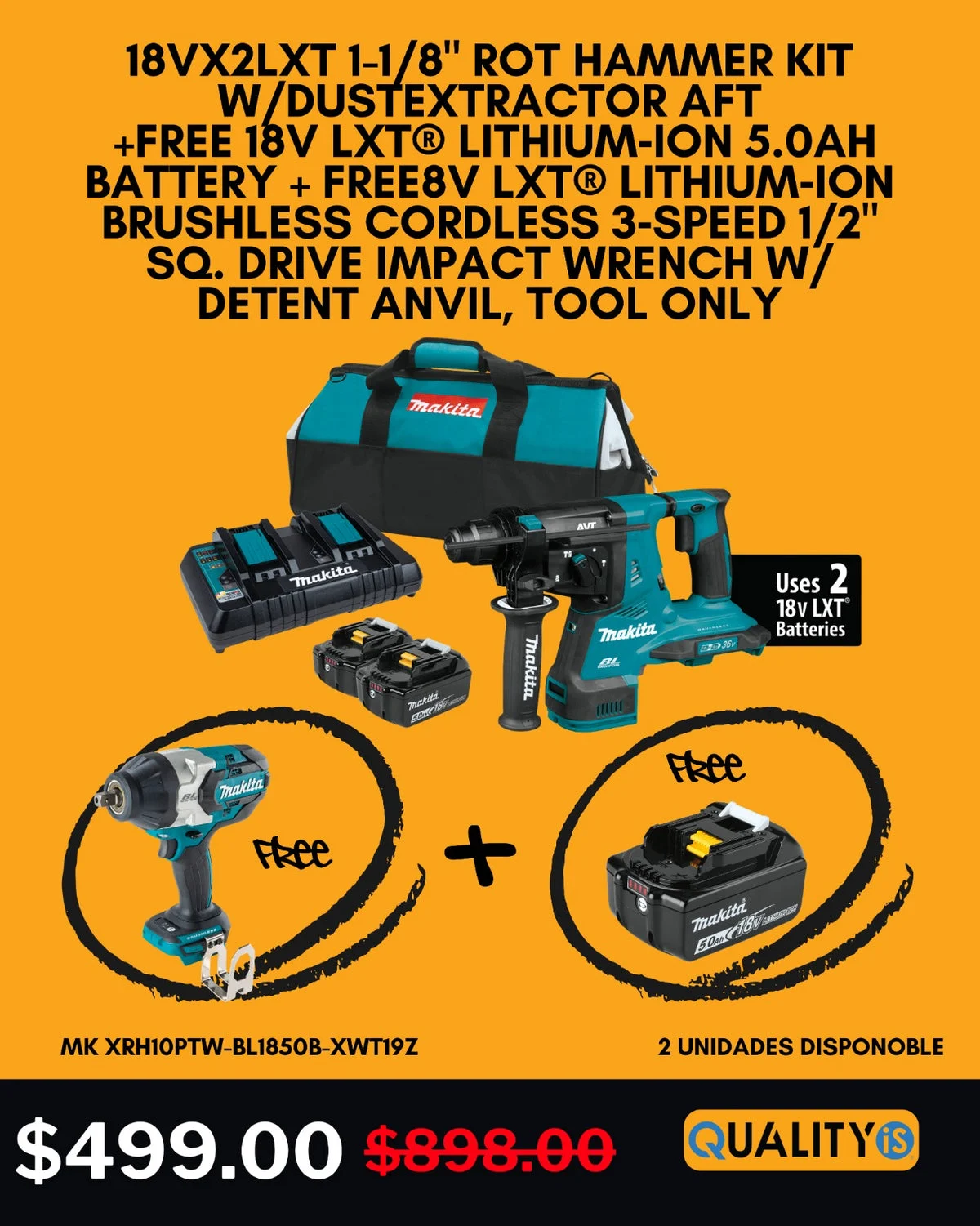 36V (18V X2) LXT® Brushless 1‑1/8" SDS‑PLUS AVT® Rotary Hammer Kit, w/ HEPA Dust Extractor, AFT®, AWS® Capable (5.0Ah) + 2 Free Items