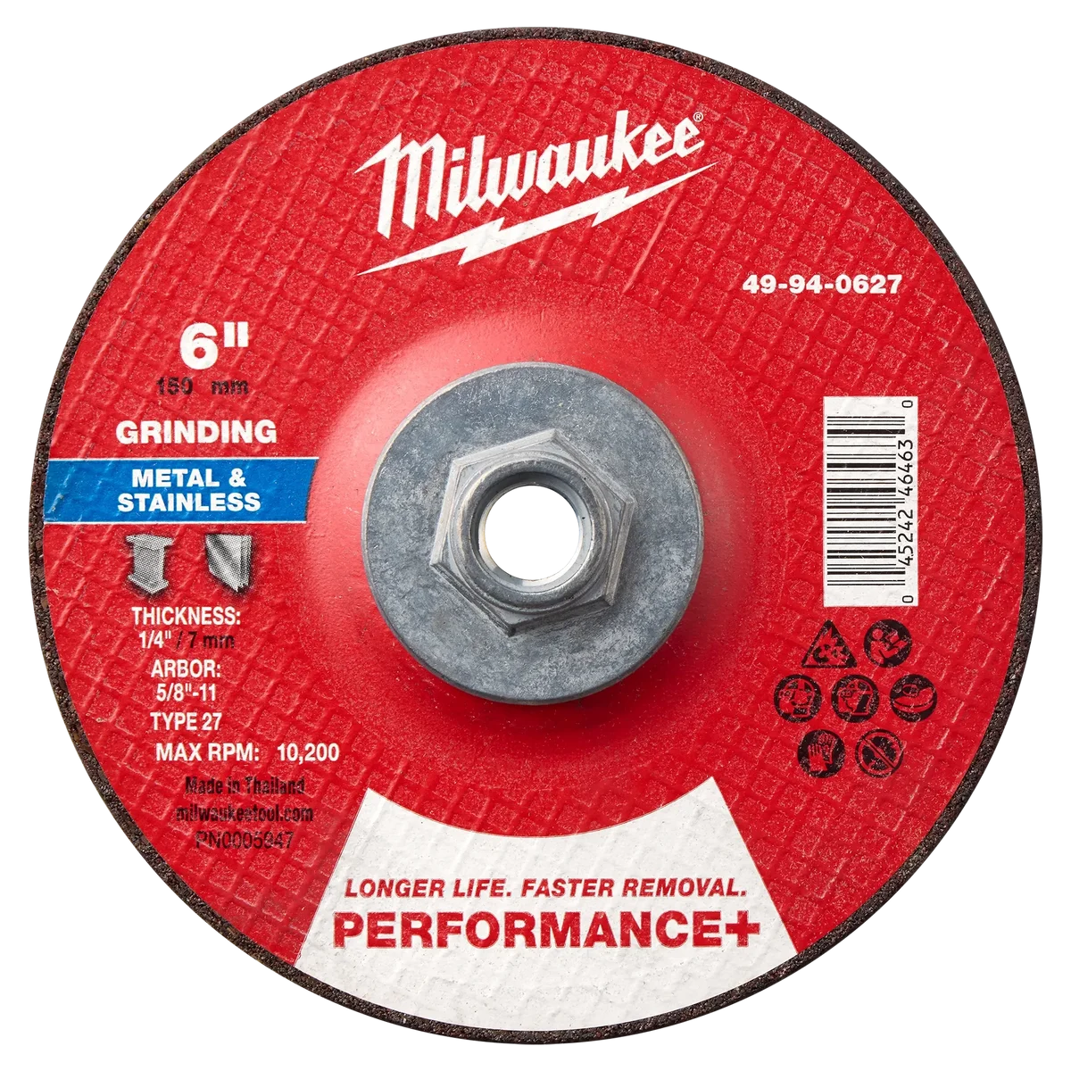 6" x 1/4" x 5/8"-11 Performance+ Metal Grinding Wheel - Type 27