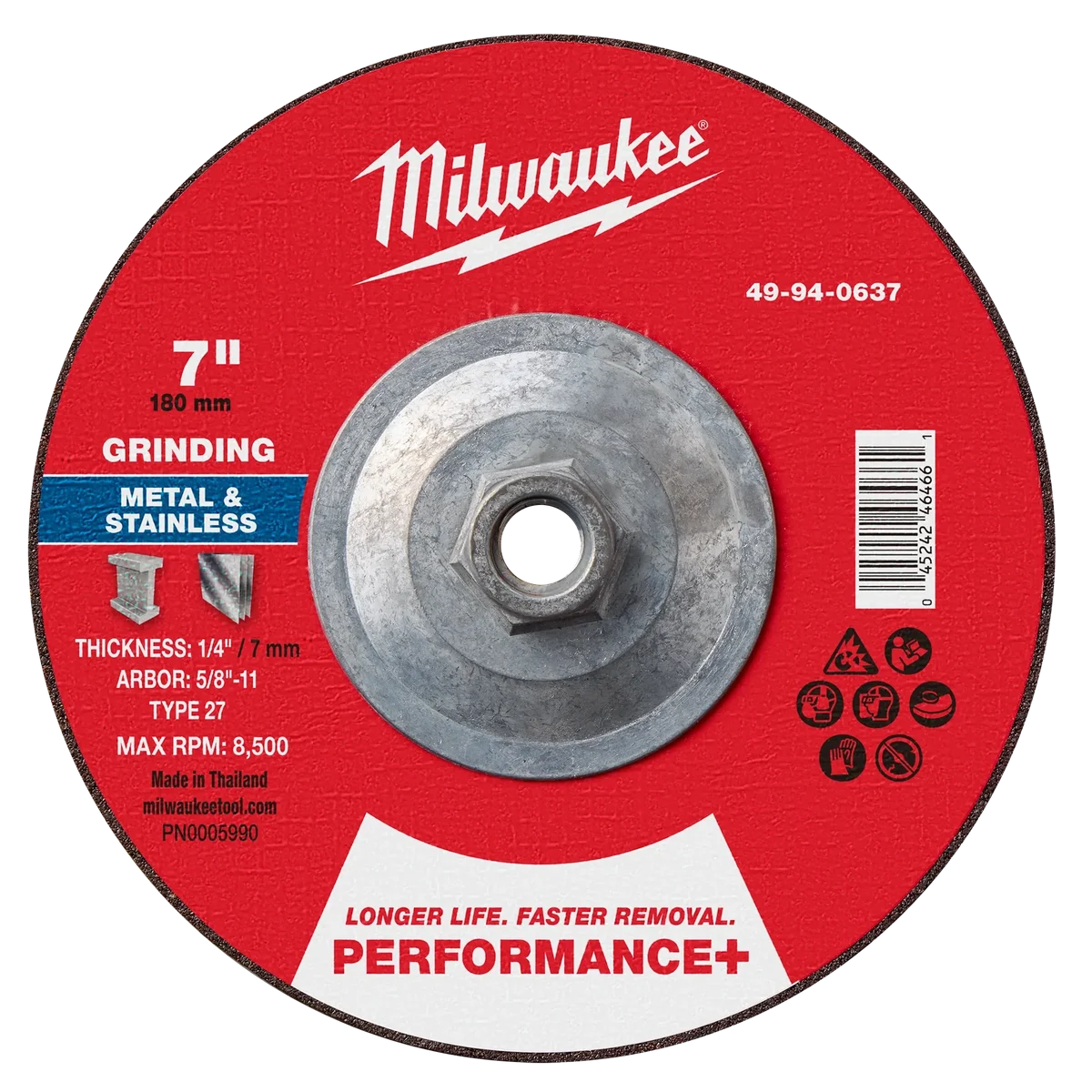 7" x 1/4" x 5/8"-11 Performance+ Metal Grinding Wheel - Type 27