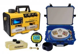 AccuTools A10757-3, A10702, and Fieldpiece VP87 Evacuation Kit with vacuum pump, hose kit, and gauge