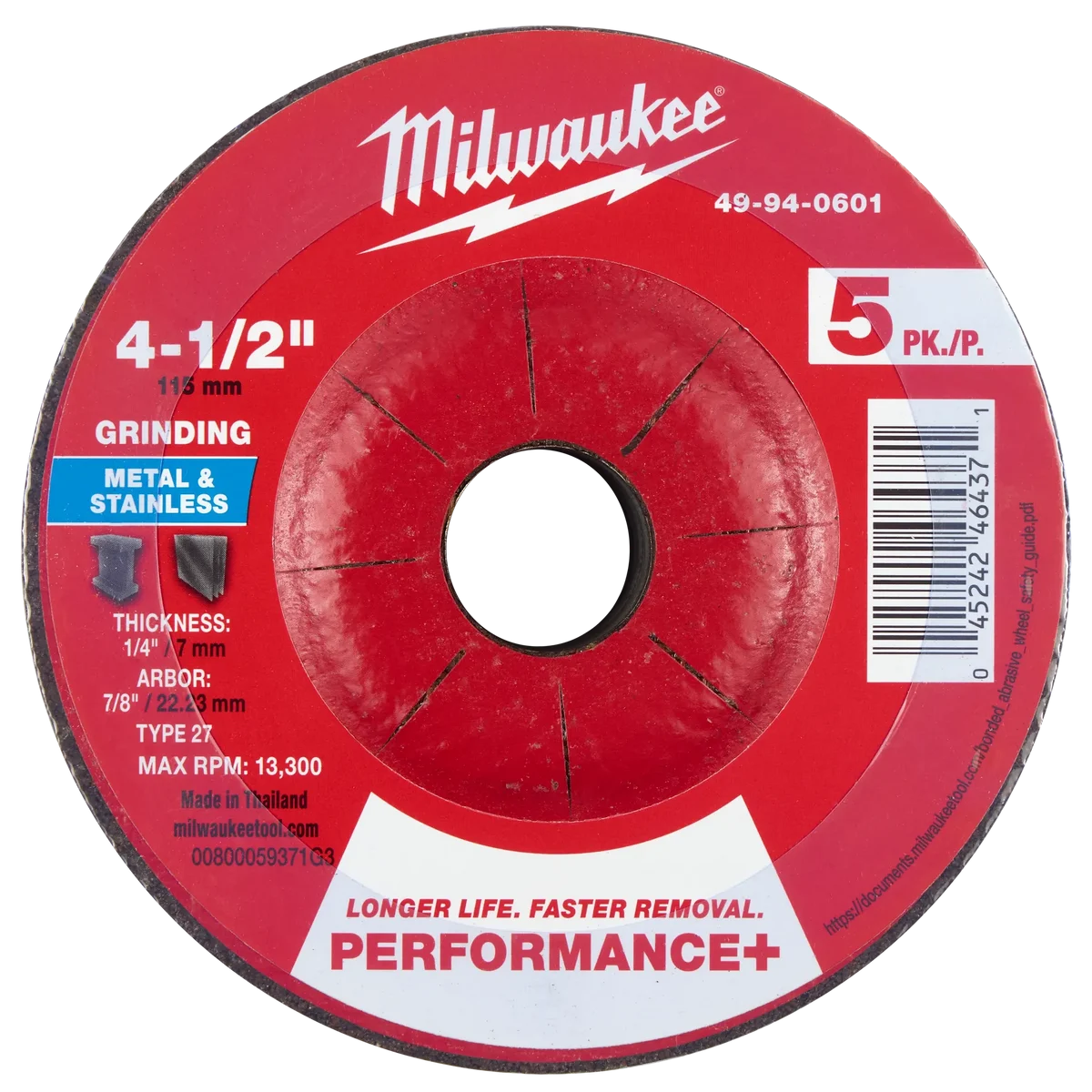 4-1/2" x 1/4" x 7/8" Performance+ Metal Grinding Wheel - Type 27 - 5pk