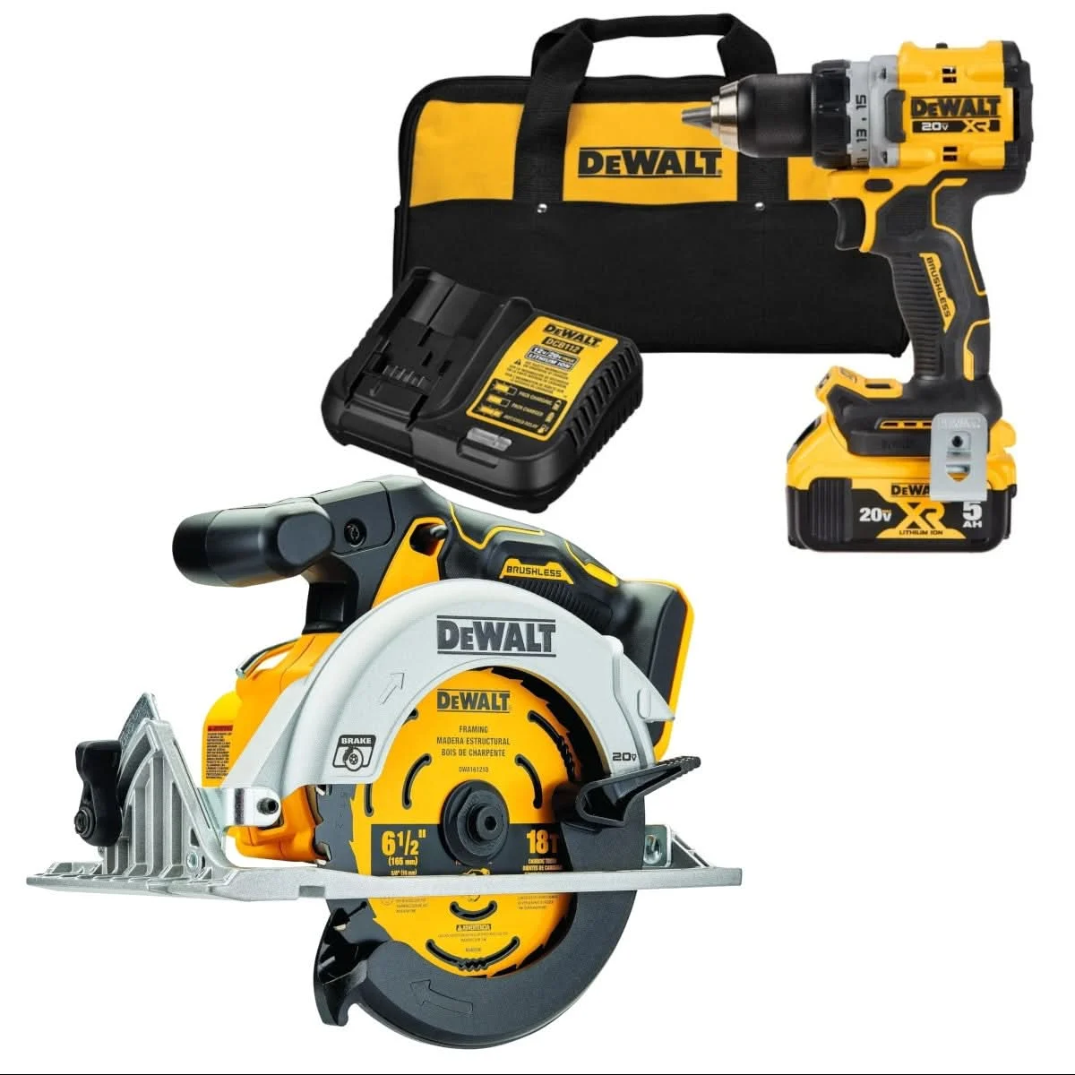 DeWalt 20V MAX XR Brushless Compact 1/2-in. Drill/Driver 5.0Ah Kit w/ 20V MAX 6-1/2-in. Brushless Circular Saw, Tool Only