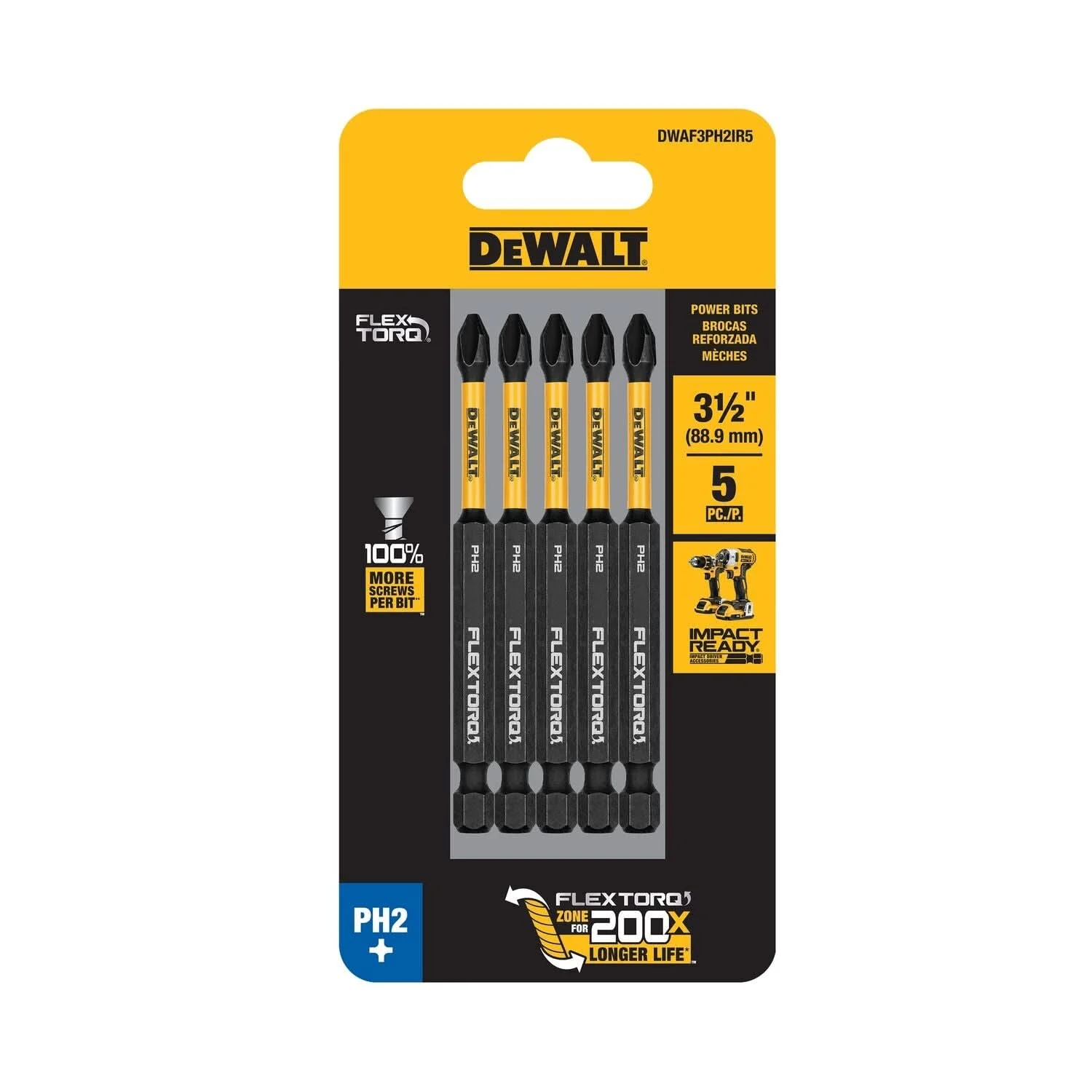 DeWalt DWAF3PH2IR5 FlexTorq Impact Ready Screwdriving Bit, PH2, 3-1/2 in. (5-Pack)