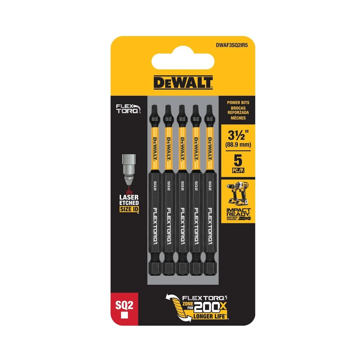 DeWalt DWAF3SQ2IR5 FlexTorq Impact Ready Screwdriving Bit, SQ2, 3-1/2 in. (5-Pack)