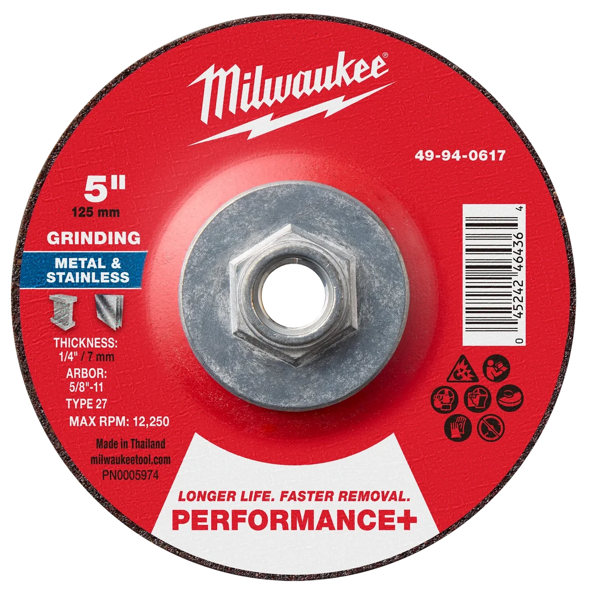 5" x 1/4" x 5/8"-11 Performance+ Metal Grinding Wheel - Type 27