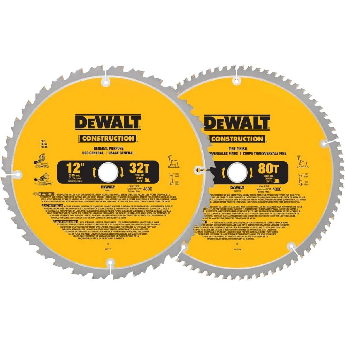 DeWalt DW3128P5 Construction 12-Inch Saw Blades, 32-Tooth and 80-Tooth