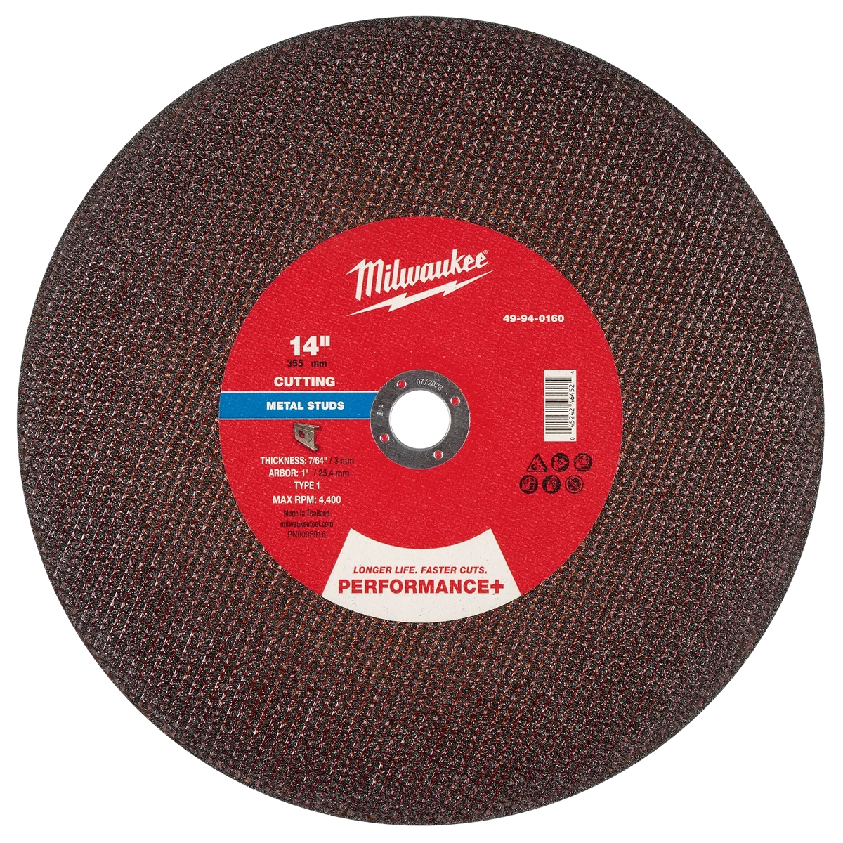 14" x 7/64" x 1" Performance+ Metal Cut Off Wheel - Type 1 - Stud Cutter