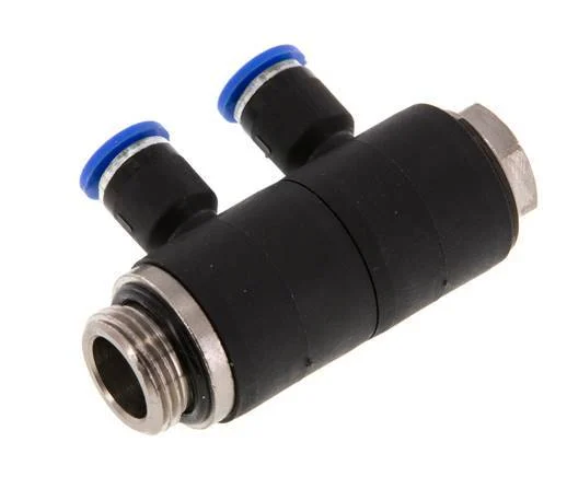 6mm x G3/8'' 2-way Manifold Push-in Fitting with Male Threads Brass/PA 66 NBR Rotatable