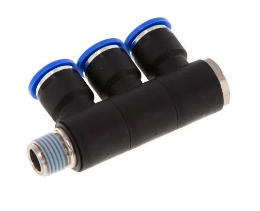 10mm x R1/4'' 3-way Manifold Push-in Fitting with Male Threads Brass/PA 66 NBR Rotatable