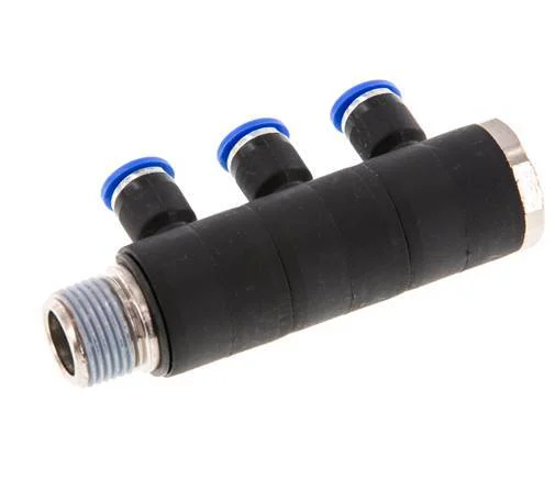 6mm x R3/8'' 3-way Manifold Push-in Fitting with Male Threads Brass/PA 66 NBR Rotatable
