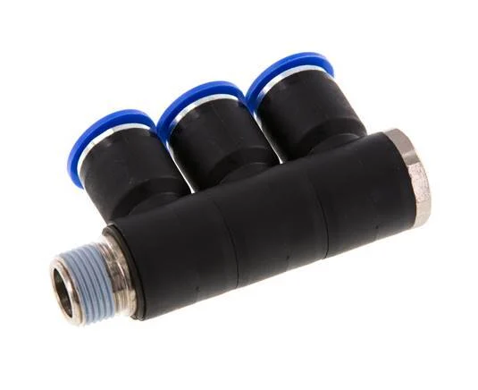 12mm x R3/8'' 3-way Manifold Push-in Fitting with Male Threads Brass/PA 66 NBR Rotatable