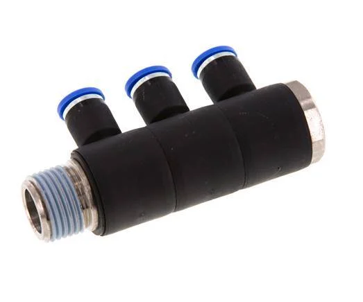 8mm x R1/2'' 3-way Manifold Push-in Fitting with Male Threads Brass/PA 66 NBR Rotatable