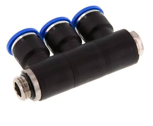 10mm x G1/4'' 3-way Manifold Push-in Fitting with Male Threads Brass/PA 66 NBR Rotatable