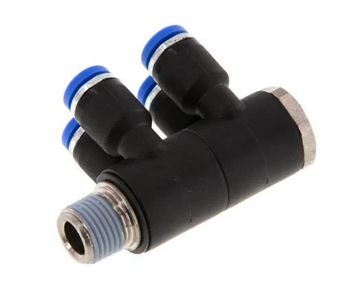 4mm x R1/8'' 4-way Manifold Push-in Fitting with Male Threads Brass/PA 66 NBR Rotatable