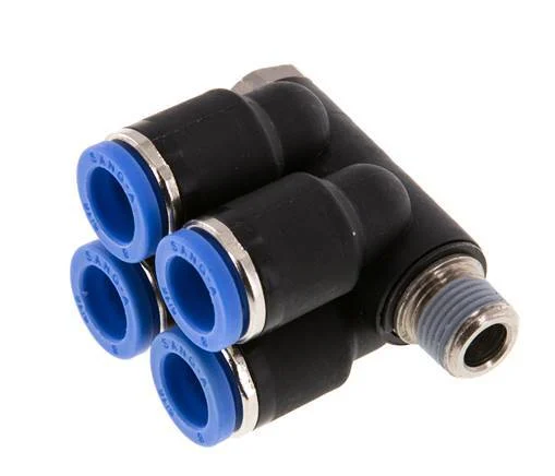 8mm x R1/8'' 4-way Manifold Push-in Fitting with Male Threads Brass/PA 66 NBR Rotatable