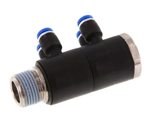 4mm x R3/8'' 4-way Manifold Push-in Fitting with Male Threads Brass/PA 66 NBR Rotatable