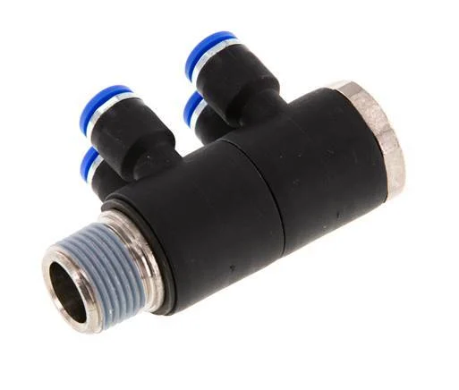 6mm x R3/8'' 4-way Manifold Push-in Fitting with Male Threads Brass/PA 66 NBR Rotatable