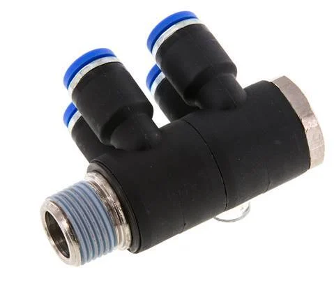 8mm x R3/8'' 4-way Manifold Push-in Fitting with Male Threads Brass/PA 66 NBR Rotatable