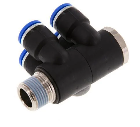 10mm x R3/8'' 4-way Manifold Push-in Fitting with Male Threads Brass/PA 66 NBR Rotatable