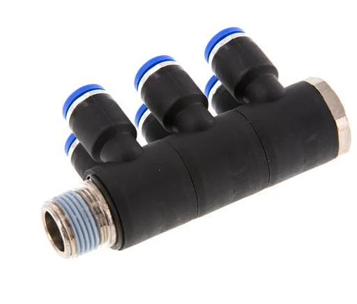 8mm x R3/8'' 6-way Manifold Push-in Fitting with Male Threads Brass/PA 66 NBR Rotatable