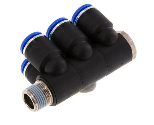 12mm x R3/8'' 6-way Manifold Push-in Fitting with Male Threads Brass/PA 66 NBR Rotatable