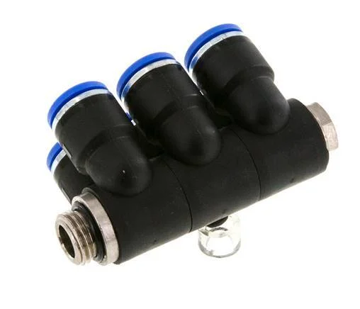 10mm x G1/4'' 6-way Manifold Push-in Fitting with Male Threads Brass/PA 66 NBR Rotatable