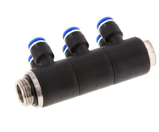 6mm x G3/8'' 6-way Manifold Push-in Fitting with Male Threads Brass/PA 66 NBR Rotatable