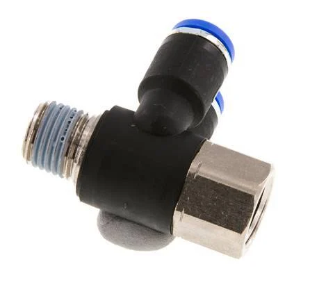 8mm x R1/4'' Double 90deg Elbow Push-in Fitting with Male-Female Threads Brass/PA 66 NBR Rotatable