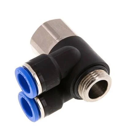 10mm x G3/8'' Double 90deg Elbow Push-in Fitting with Male-Female Threads Brass/PA 66 NBR Rotatable
