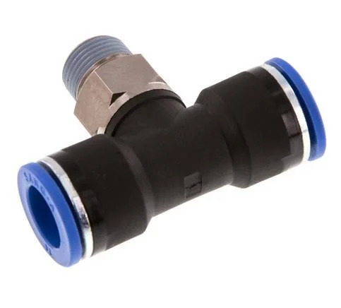 14mm x R3/8'' Inline Tee Push-in Fitting with Male Threads Brass/PA 66 NBR Rotatable
