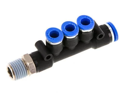 6mm x 8mm x R1/4'' 3-way Manifold Push-in Fitting with Male Threads Brass/PA 66 NBR Rotatable