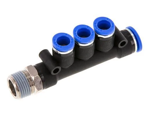 8mm x 10mm x R3/8'' 3-way Manifold Push-in Fitting with Male Threads Brass/PA 66 NBR Rotatable